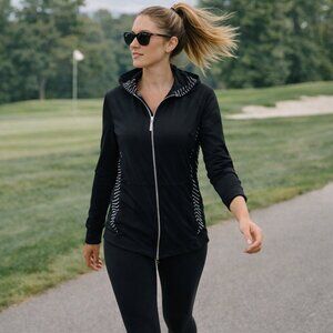 JoFit Jacket Womens Full Zip Hooded Golf Black Slimming Athleisure Performance